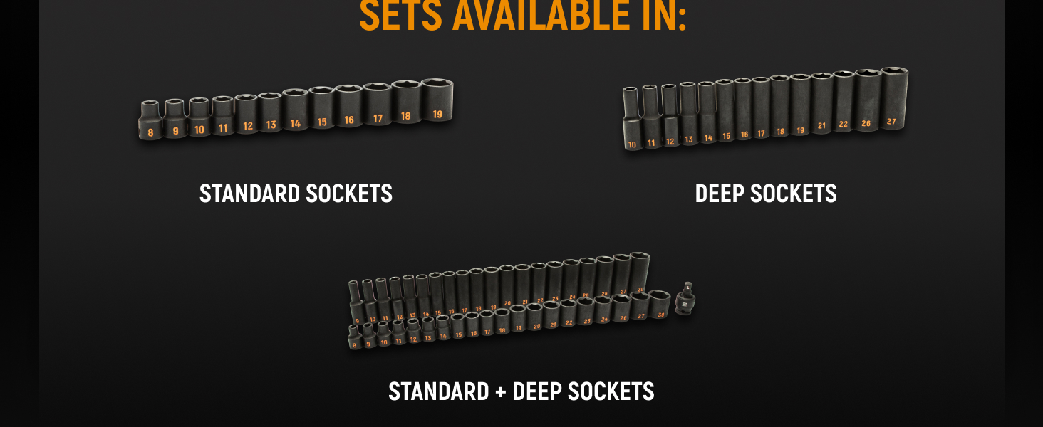 Sets available in standard and deep sockets