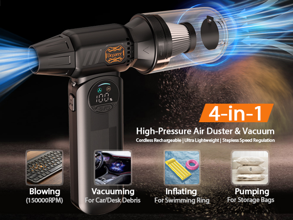 4 in 1 cordless vacuum and air duster for car interior dust removal desk cleaning inflating pumping