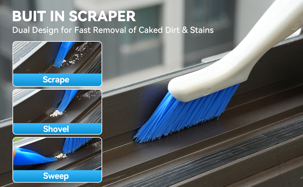 2 in 1 window & door groove brush with built-in scraper for window tracks, sliding door grooves