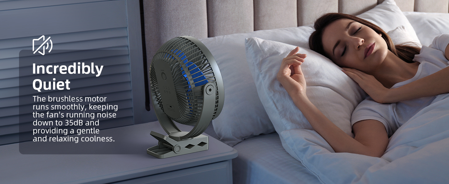 Quiet table fan in bedroom with sleeping person. Text highlights 'Incredibly Quiet' feature, promising noiseless operation for undisturbed sleep.