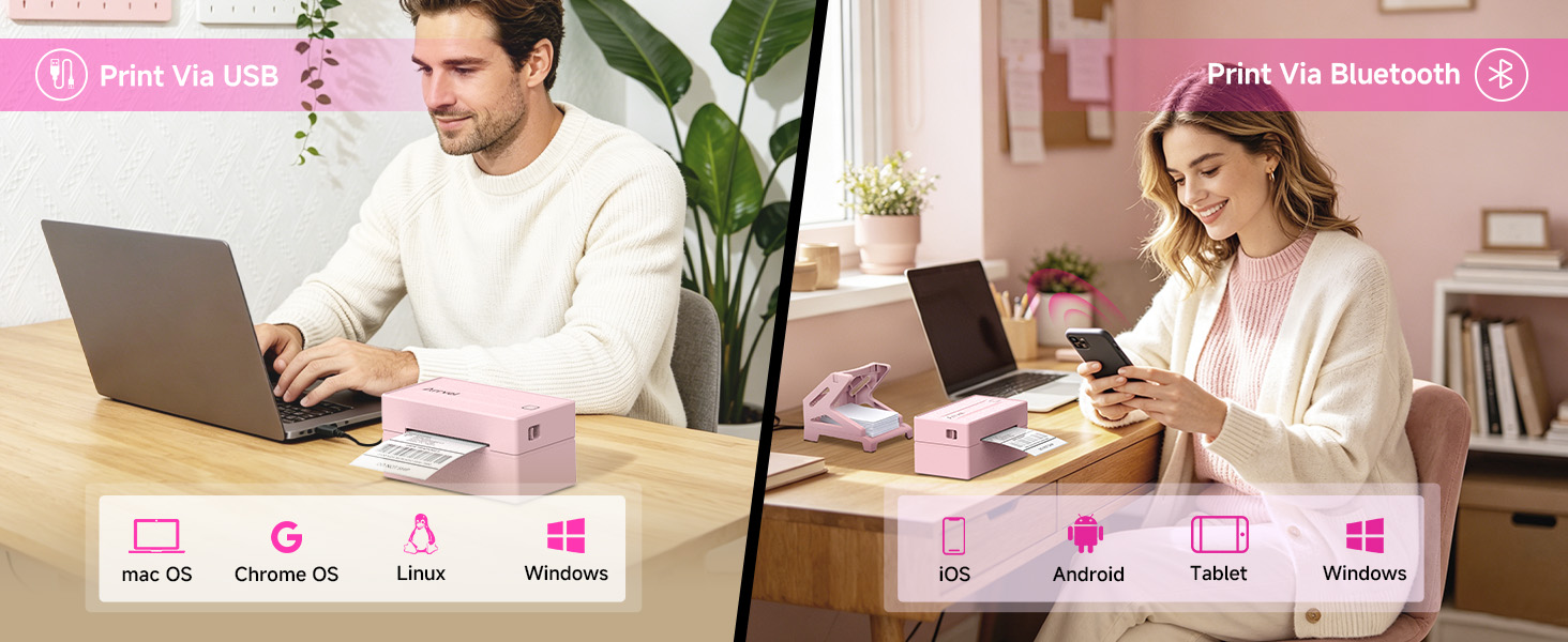 thermal printer supporting Bluetooth for iPhone, Android; USB for Mac, Windows, Linux, ChromeOS