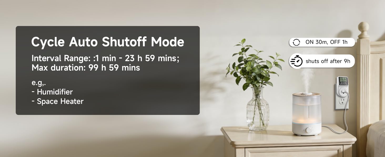 humidifier is connected to timer outlet (displays cycle of ON 30m, OFF 1h, auto-shutoff after 9h)