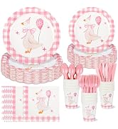 175 PCS One Silly Goose Birthday Party Tableware Set, Pink Gingham Party Supplies for 25 Guests S...
