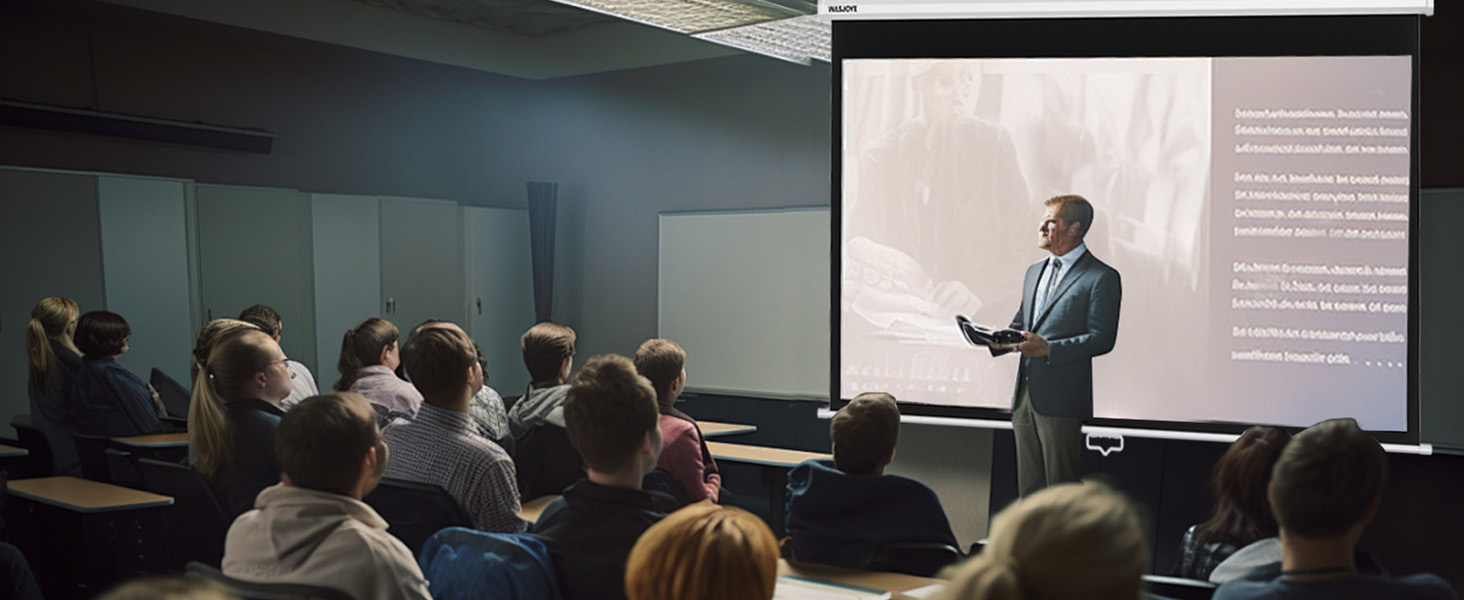 Presentation screen in dimly lit room. Speaker gesturing towards projection. Audience seated, facing forward. Professional setting with rows of chairs visible.