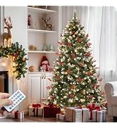 YITAHOME Prelit Pre-Decorated Pine Christmas Tree 6FT with Remote, Artificial Hinged Xmas Tree wi...