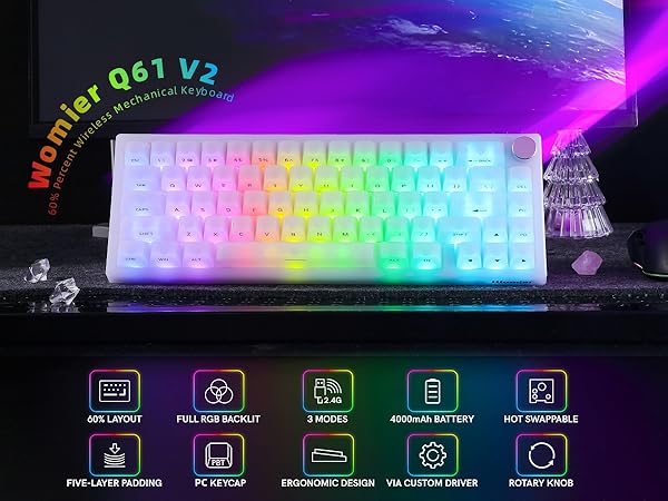 Wireless 60% Percent Keyboard, QMK/VIA Gaming Keyboard, Tri-Mode Thocky Creamy Mechanical Keyboard