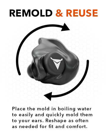 An image of our reusable earplugs. Mold them to your ear shape by placing them in boiling water.