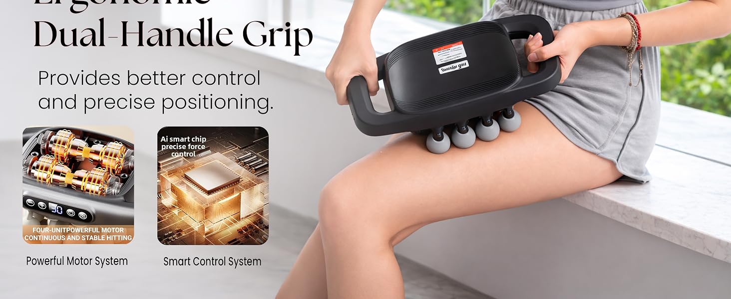 Dual-handle massager used on thigh for controlled deep tissue relief