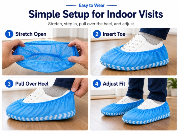 Four-step guide showing how to put on blue disposable shoe covers