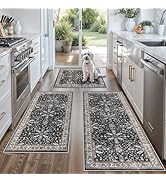 3-Piece Non-Slip Machine Washable Kitchen Rug Set with Runner – Soft Low Pile Thin Boho Kitchen R...