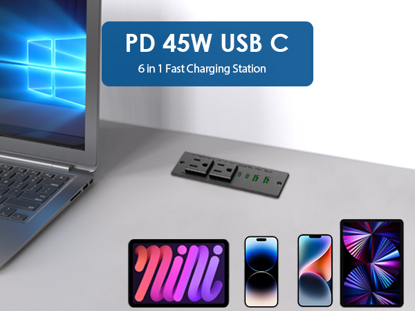 45W USB C Recessed Power Strip