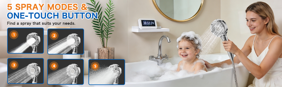 Shower head with handheld has 5 spray modes. Enjoy an enhanced sensory shower experience.