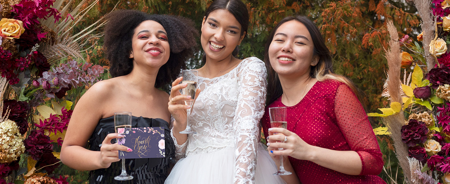 Wedding celebrations with friends and family with box floral thank you cards.