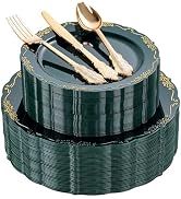 DaYammi 150Pcs Green Plastic Plates with Gold Silverware,Green Disposable Plates for Party includ...