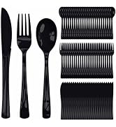 FALIZIFU 150 Pcs Black Plastic Cutlery Set Disposable Black Heavy Duty Plastic Knives Forks and S...