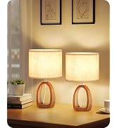 GOEBLESON Wood Table Lamps Set of 2, Small Bedside Lamp with Beige Linen Lampshade & Dark Natural...