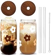 Glass Cups with Lids and Straws, Can Shaped Glass Cups, 20OZ Glass Cups, Drinking Glasses, Iced C...