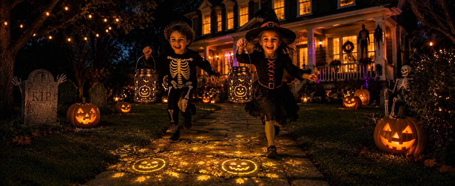 Hollow-cut metal lantern casting pumpkin and bat shadows on porch steps