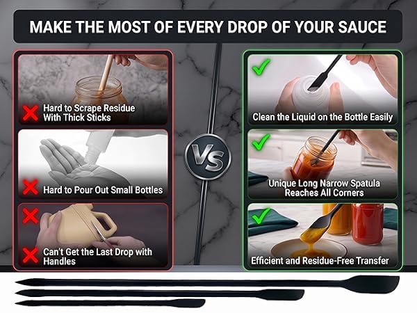 slim scraper tools reach inside small bottles and jars to scoop residual sauces and condiments