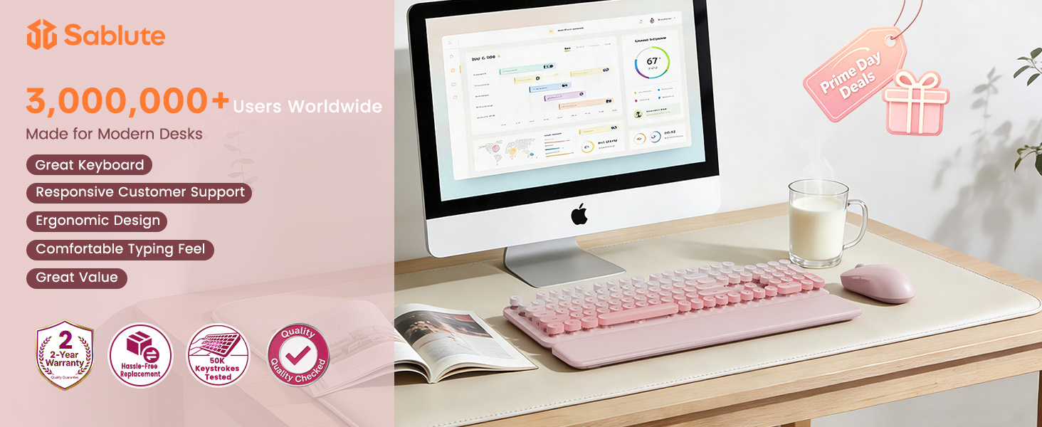 Pink retro wireless keyboard and mouse on modern desk with Prime Day deals.