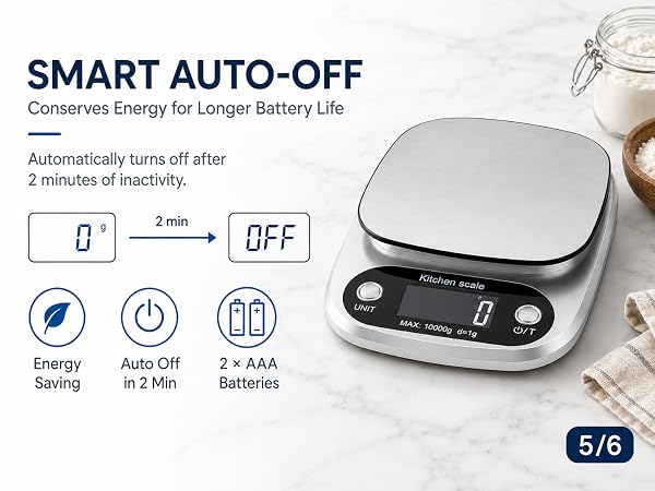 Digital kitchen scale with automatic shutoff to conserve battery power.