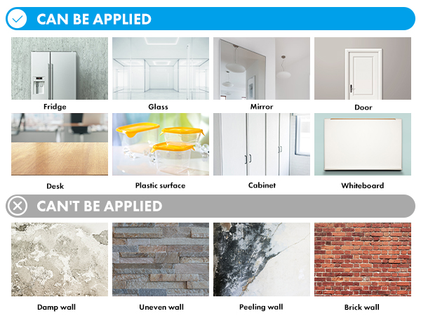 Whiteboard sticker can be applied: Fridge; Glass; Mirror; Door; Desk; Plastic surface; Cabinet