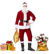 Santa Claus Costume Adults Men, 8 Pcs Santa Suit for Men with Hat Belt Beard Bag, Red Christmas S...