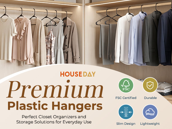 Summer wardrobe on slim black hangers 50 Pack: cami dress and tank top. Built-in hook holds straps