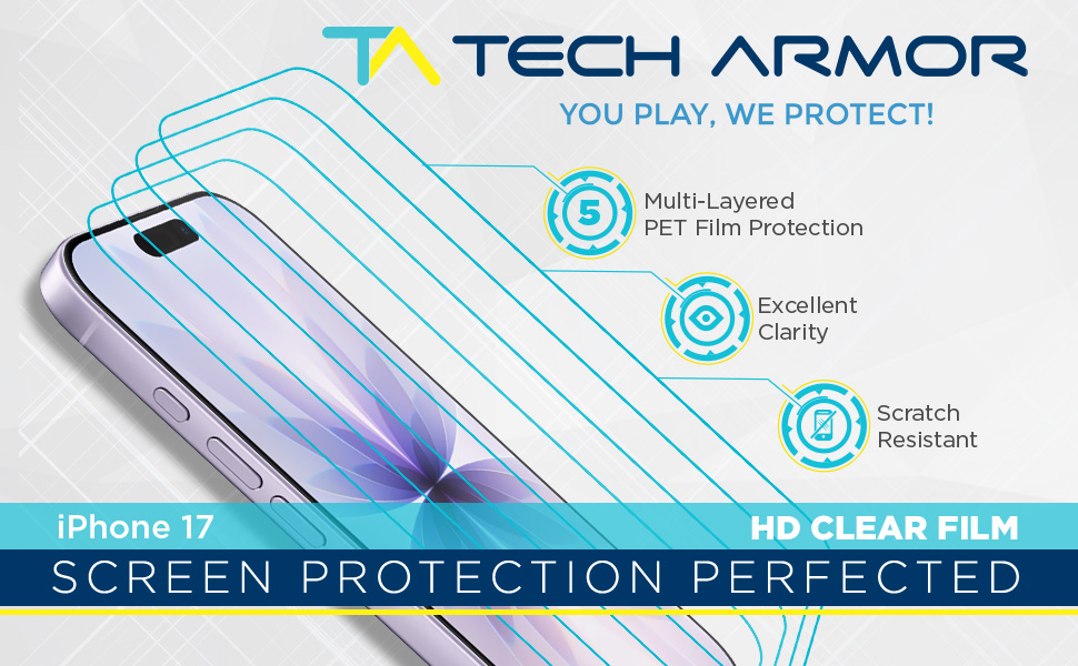 Tech Armor iPhone 17 HD clear film screen protector 4-pack, multi-layered scratch-resistant PET