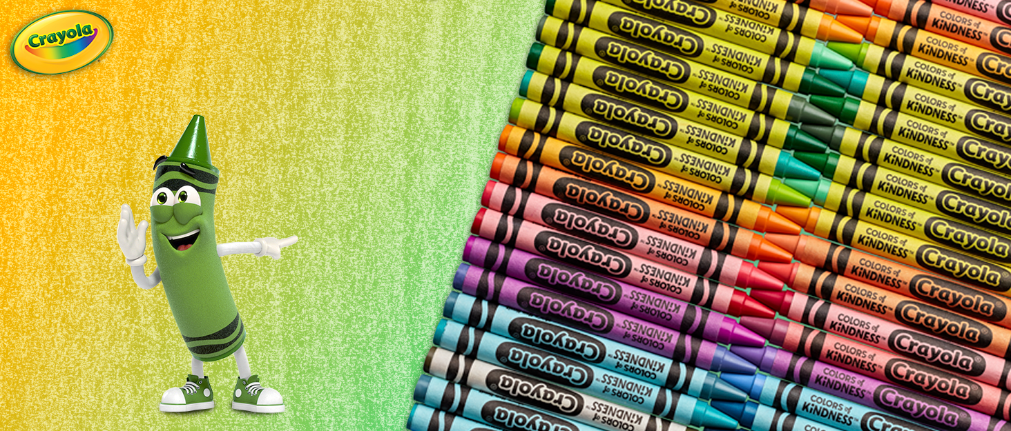 Green Crayola Crayon pointing at an assortment of crayola crayons