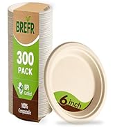 BREFR 300 Pack 6 Inch Compostable Plates, Bulk Biodegradable Dessert Plates – Heavy Duty Sugarcan...