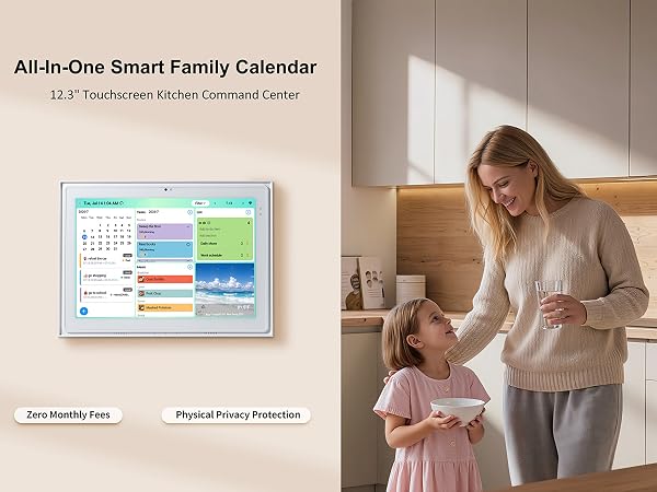 Wall-mounted digital calendar in bright kitchen with mother and daughter interacting nearby