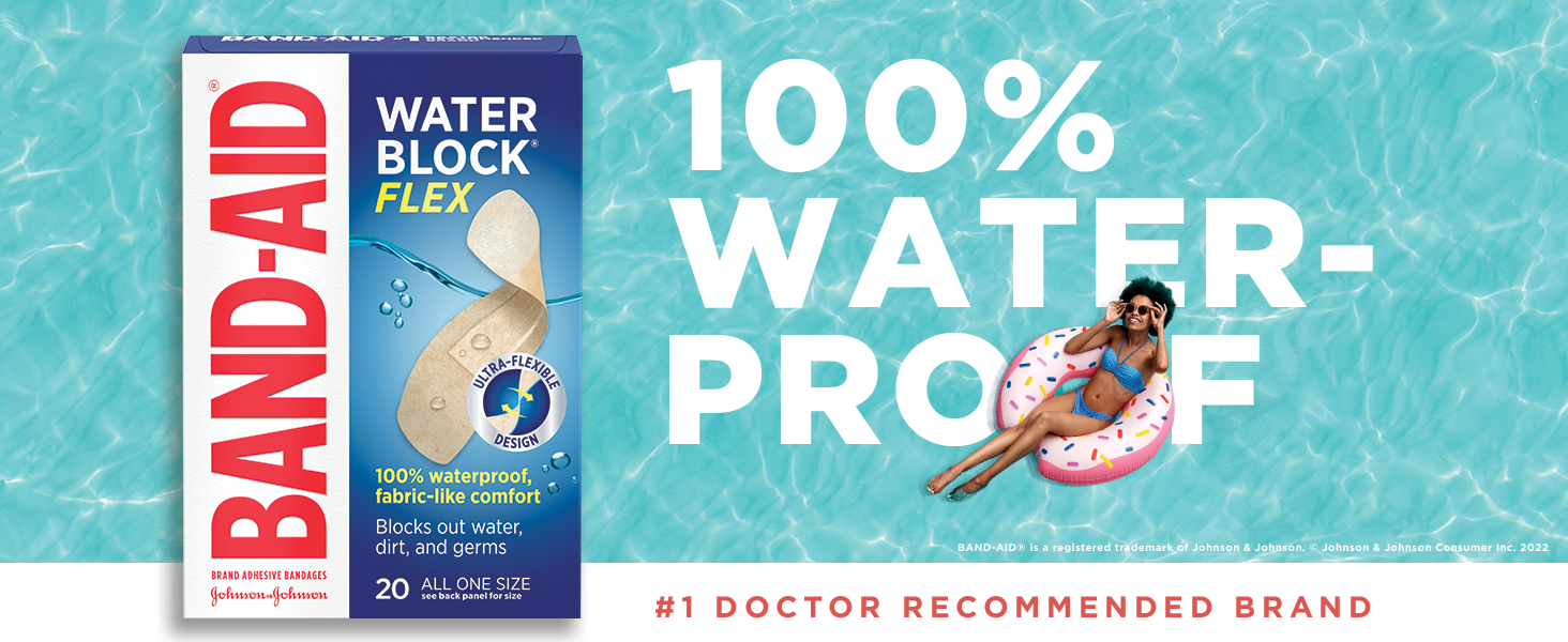 Band-Aid Brand Water Block Flex packaging over an image of a woman on a pool float