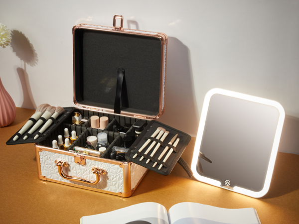 Makeup box organizer with led lighted mirror and lights