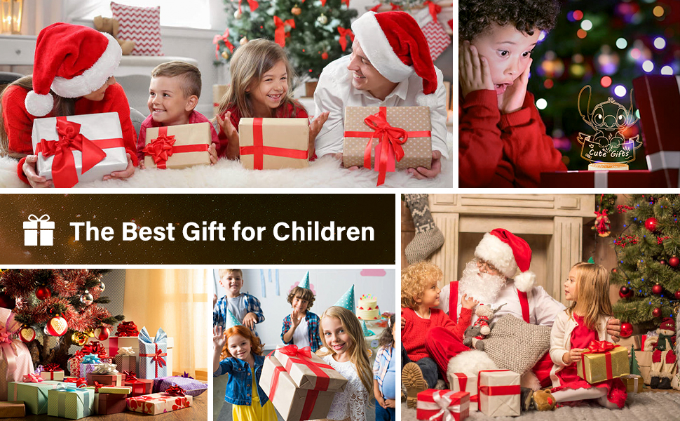 Collage of children with Christmas gifts and decorations. Text overlay reads 'The Best Gift for Children'.