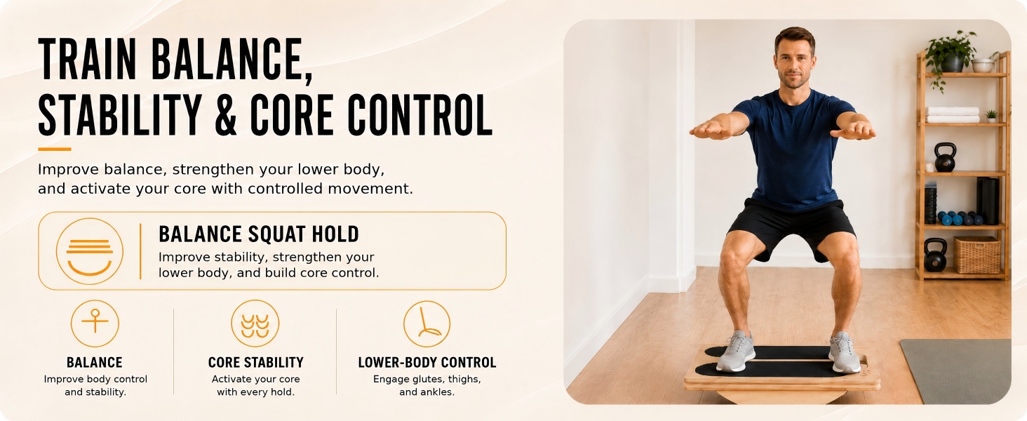 Balance board mode for stability, core control, and lower-body training at home.