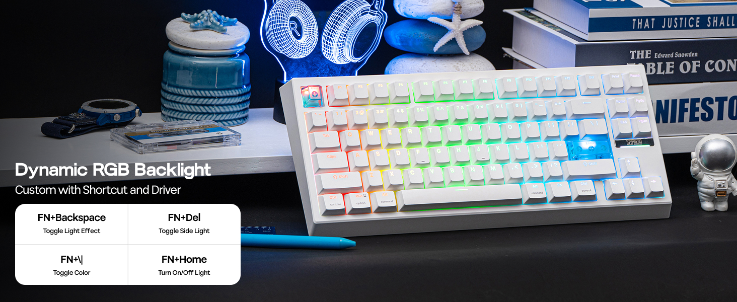 Text reads 'Dynamic RGB backlight'. Mechanical gaming keyboard with RGB backlit keys displayed against dark background with blue lighting effects.