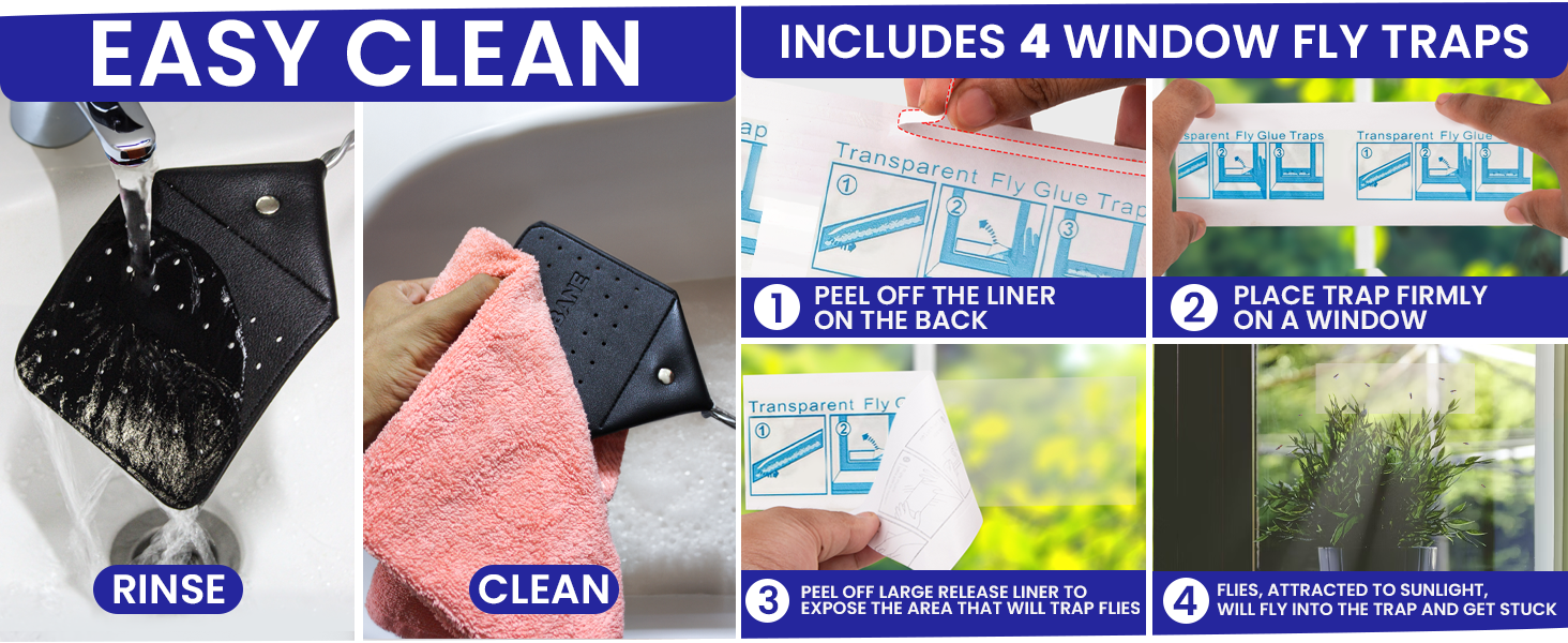 Easy clean bug swatter flies swatter. Includes 4 window fly traps.