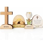 4Pcs Religious Easter Decorations for Home - He Is Risen Wood Signs Set - Resurrection Scene Rust...