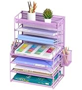 handimp Purple 7 Tier Desk File Organizer, Metal Letter Tray Paper Organizer with Pull-Out Drawer...