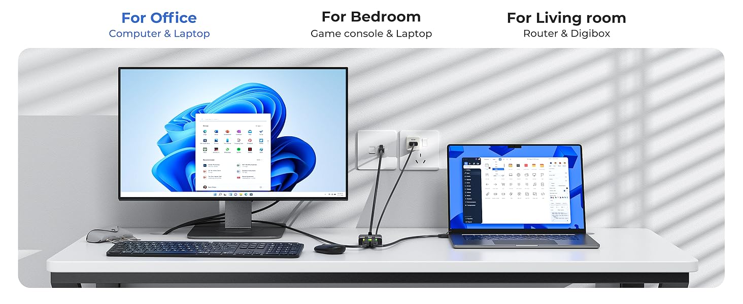 cat 6 splitter 1 in 2 out for office, connects to desktop computers, laptops, or printers