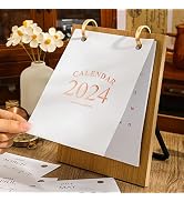 Desk Calendar 2024 - Standing Flip Calendar from Now to Dec 2024, Wooden Monthly Calendar Metal B...