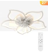 addlon Low Profile Flush Mount Ceiling Fans with Lights, 27” White Modern Dimmable Flower Shape C...