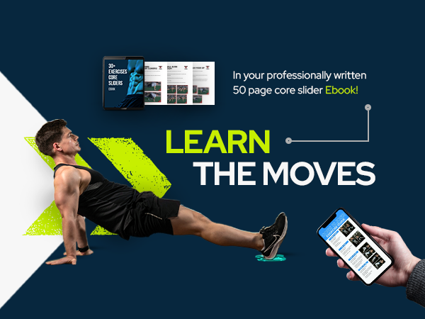 Text reads 'LEARN THE MOVES'. Sports-themed graphic showing athletic figures in motion against dark blue background with yellow accents and mobile device illustration.