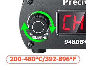 Digital temperature control interface with green illuminated dial, LED display showing 'CH', and temperature range indicator of 200-480°C/392-896°F.
