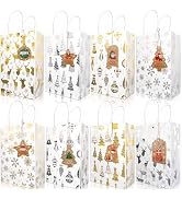 16 Pack Christmas Gift Bags Bulk, Small Size 8.3"x5.9"x3.2" Gold Foil Kraft Paper Bags with Handl...