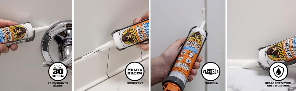 Gorilla Caulk and Seal silicone sealant white cartridge kitchen bath tub tile