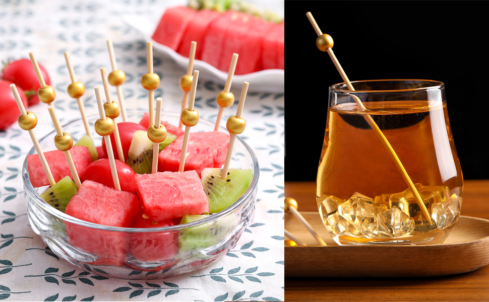 Two-panel image: Left shows fruit skewers in a bowl. Right displays a glass of iced beverage with a citrus garnish.