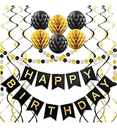 Black Birthday Decorations, Happy Birthday Banner, Paper Pom Poms, Circle Garland and Hanging Swi...