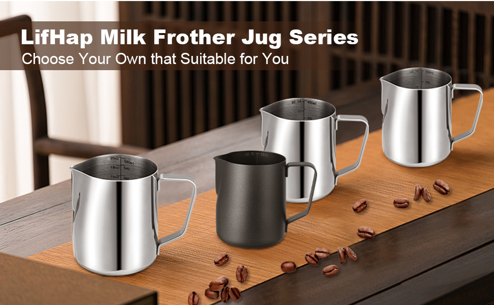 LiffHap Milk Frother Jug Series. Three stainless steel milk frothing pitchers of varying sizes displayed on wooden surface with coffee beans.